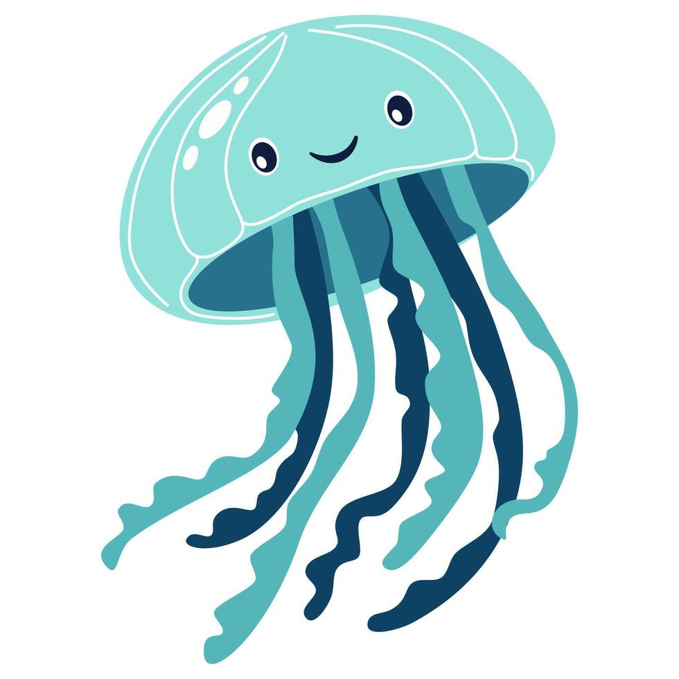Flat illustration in children's style. Cute jellyfish with smiling face on white background vector