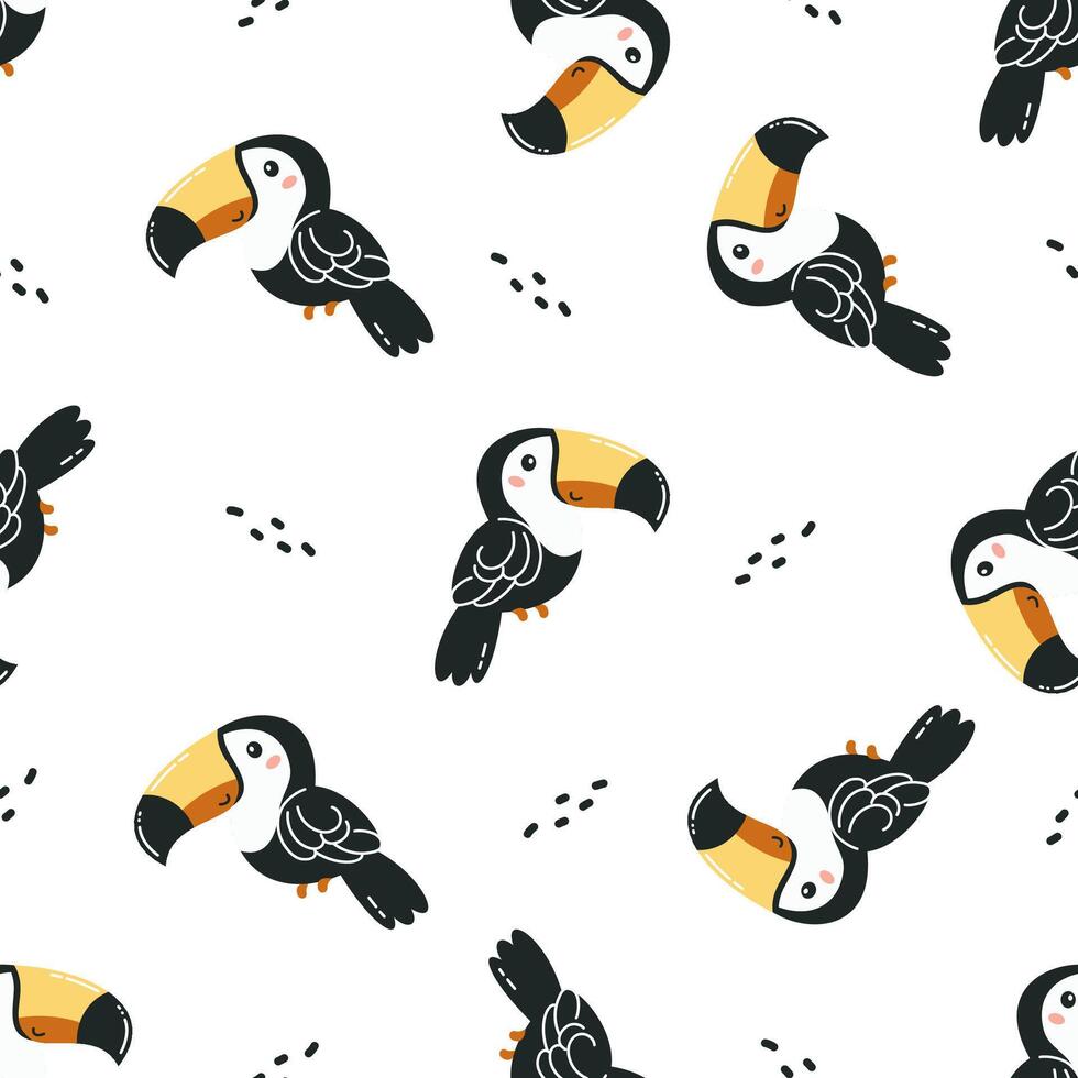 PrintSeamless pattern in cartoon style. Cute toucan on white background. vector