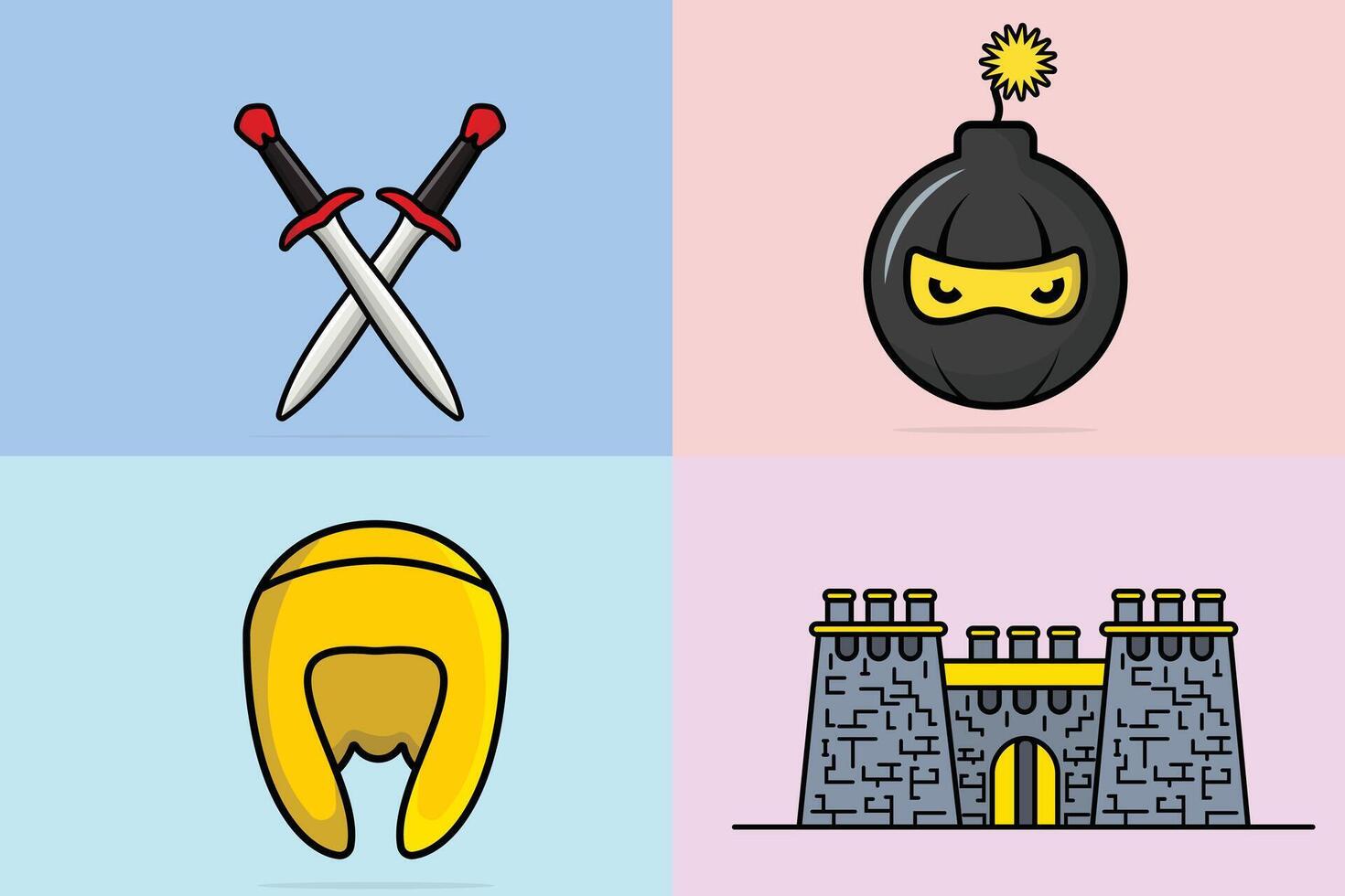 Collection of swords, helmets, and Stone Castle Tower Building with Ninja Grenade designs. vector