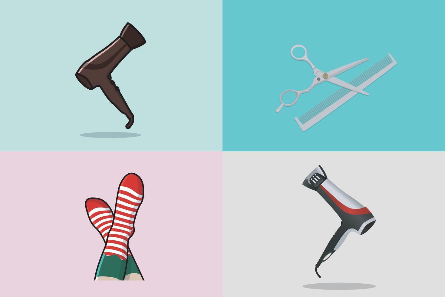 Collection of comb with scissors and Colorful Hair Dryer machine icon illustration. Barber shop tools icon design concept. Blow dryer with Hair care and Hairdresser tools logo design. vector