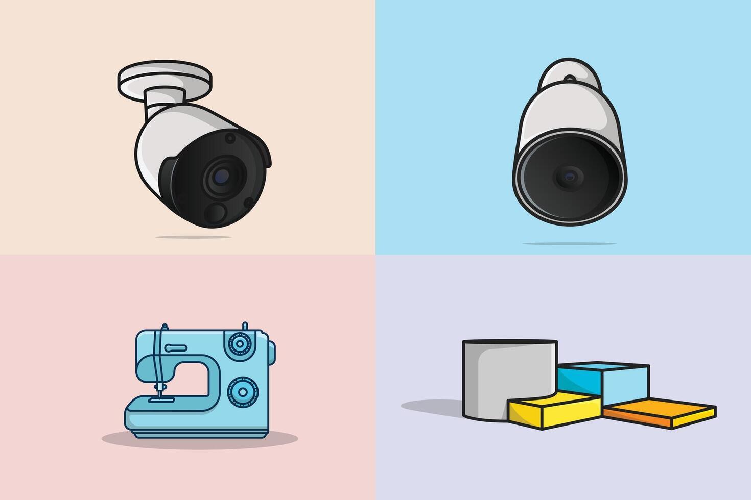 City Cameras Surveillance System with machine and squares Collection illustration. Science and technology objects icon concept. Set of home security mount CCTV and Shooting camera design vector
