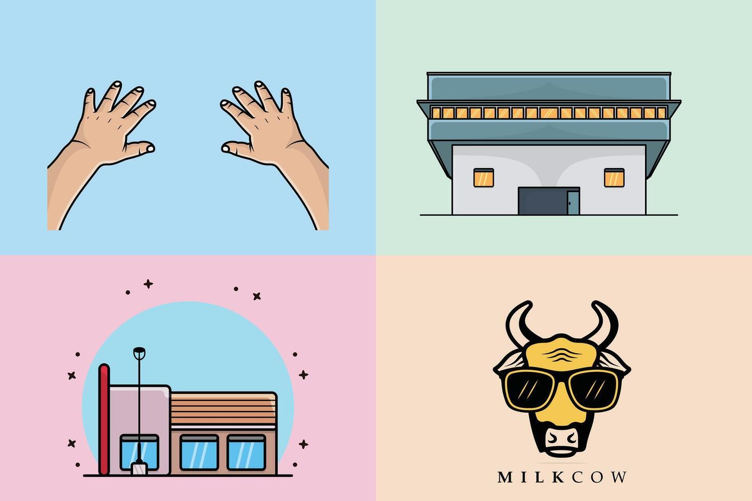 Collection of Modern House with Hand and cow head logo. Building and landmark object icon concept. Beautiful minimalist home front view. Creative modern beach property, Real Estate logo design. vector
