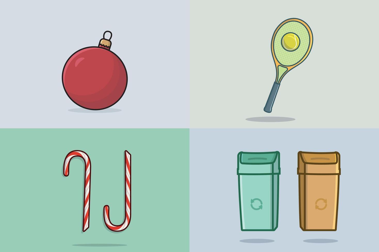 Collection of Christmas candy, Christmas balls, Dust bin, and Tennis racket with ball designs. vector
