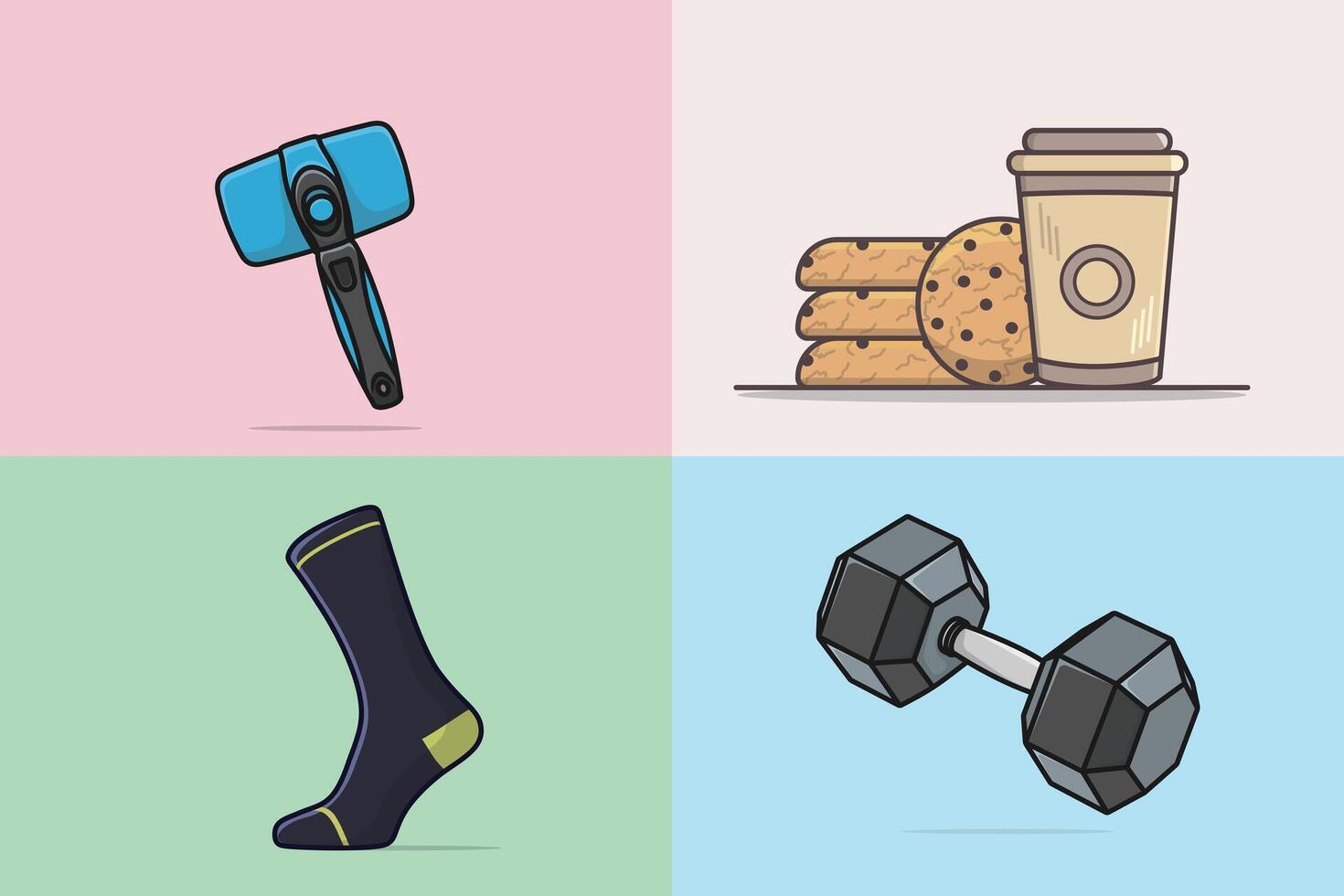 Collection of Paint Brush, Socks, Dumbbell, and Cookie designs. vector