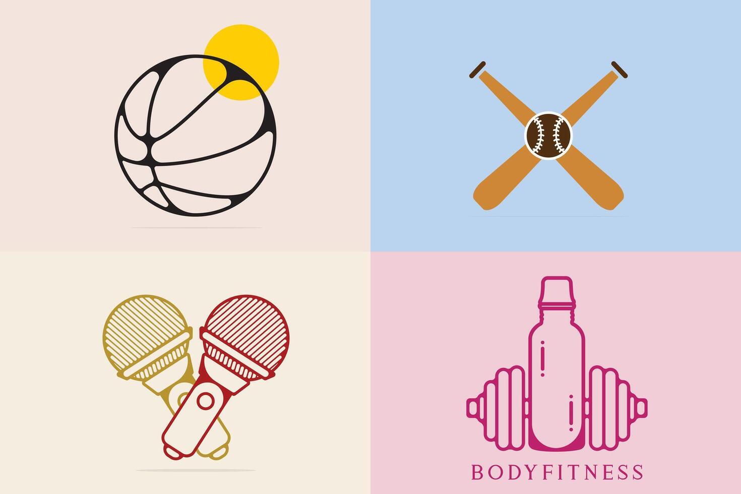 Collection of Dumbbells with a bottle, Ball, Megaphone, and Bat designs. vector