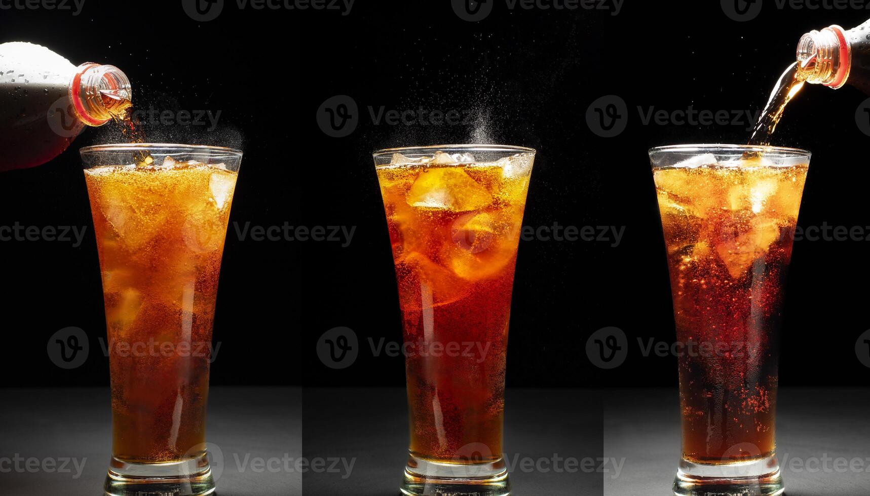 Set of black soft drinks. Close-up of pouring soft drinks with ice in a glass. Placed on a black and dark background. photo