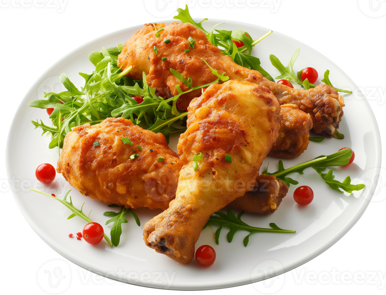 Fried chicken Leg illustration - Ffried Chicken legs with green salad on plate isolated on a transparent background png