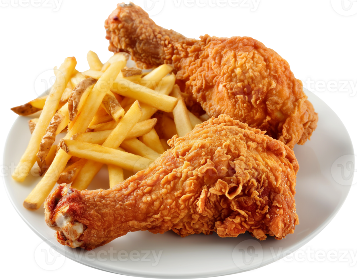 Fried chicken Leg illustration - Fried Chicken legs with french fries on plate isolated on a transparent background png