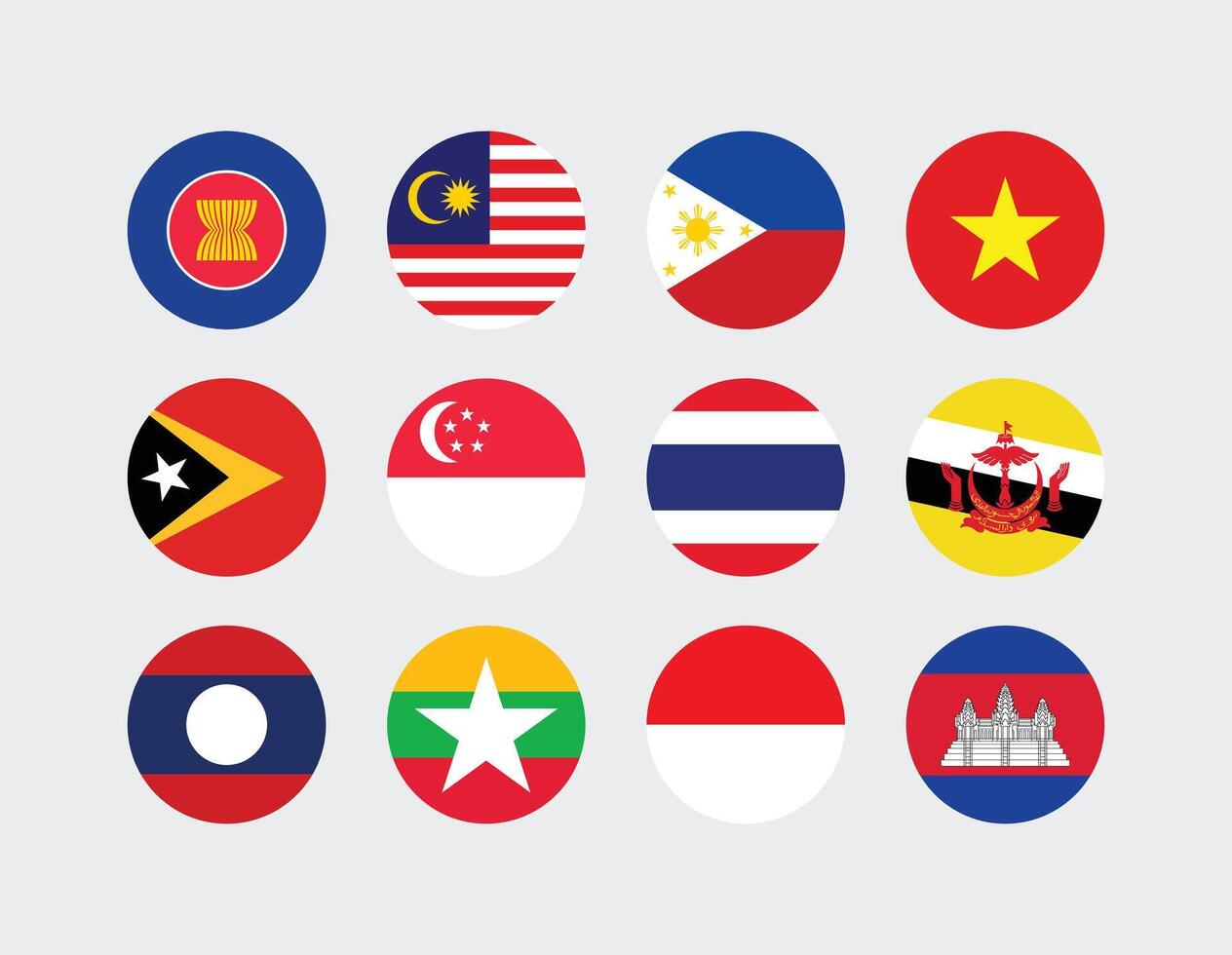 National Flag of All ASEAN Countries. Set of ASEAN Country Round Flag. vector