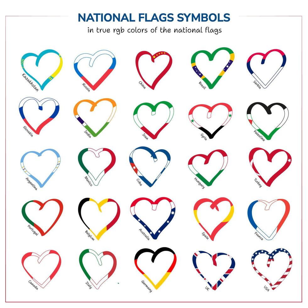 National flags of different countries in heart shape. Stylish logo flags of various countries in minimalistic heart shapes. Love shape with the color of national flags. vector