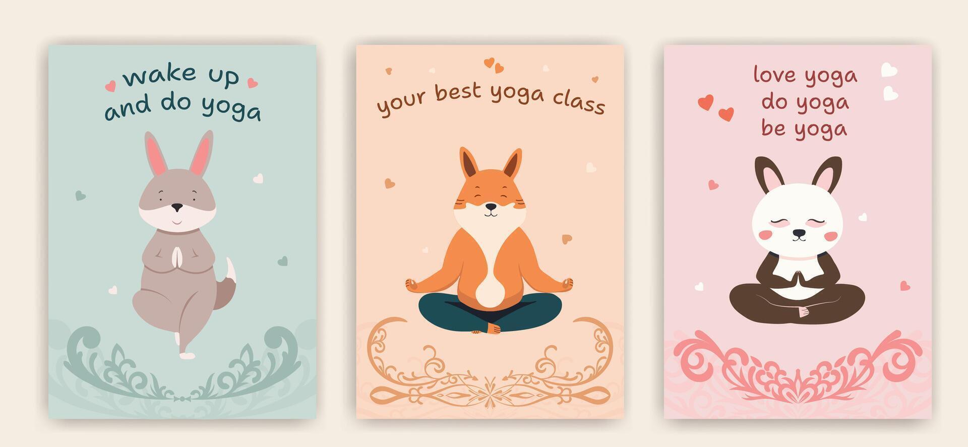 Yoga postcards with cute animal characters. Cartoon animals doing yoga and meditation in lotus pose and tree pose. Inspirational illustration for good mood vector