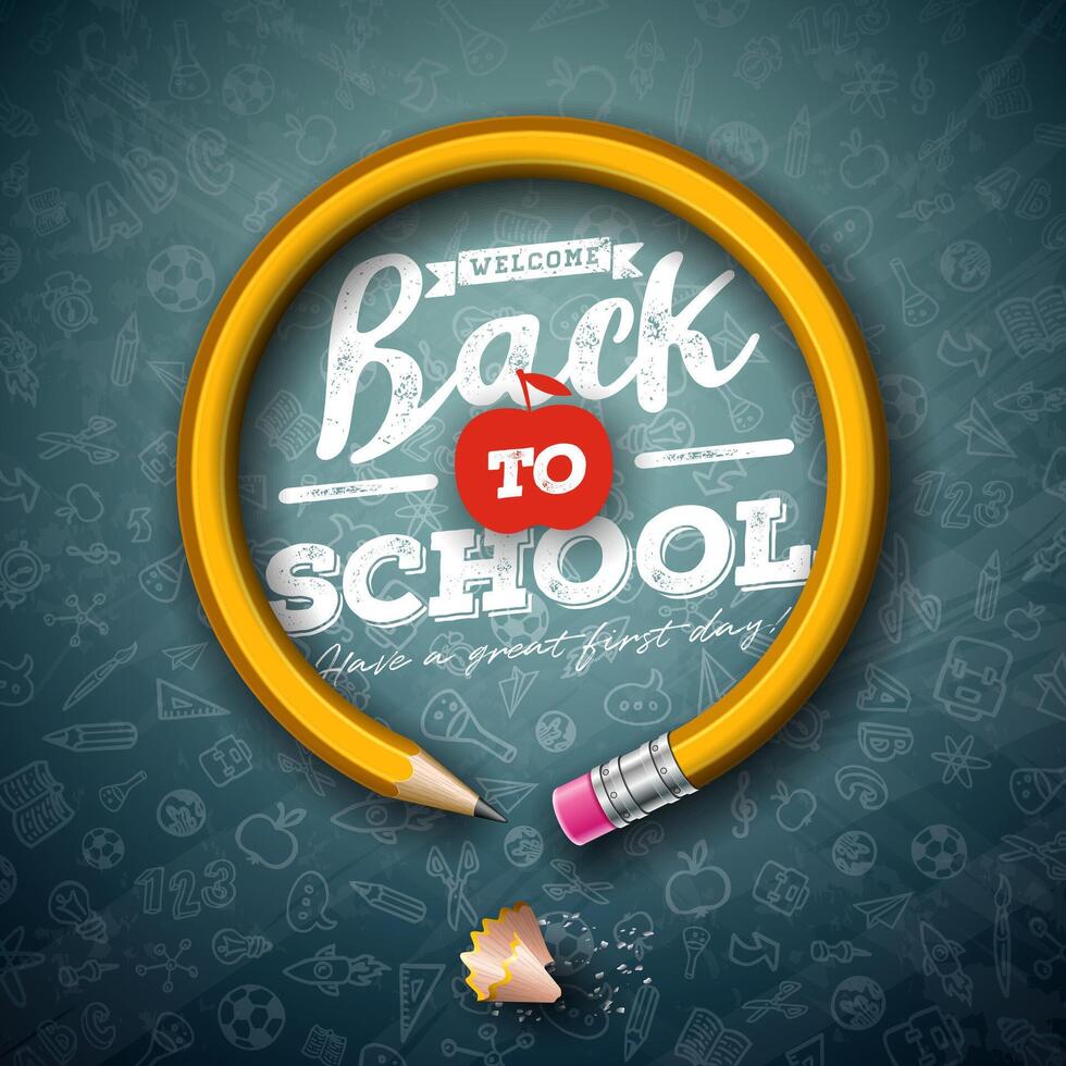Back to school design with graphite pencil and typography lettering on black chalkboard background. School illustration with hand drawn doodles for greeting card, banner, flyer, invitation vector