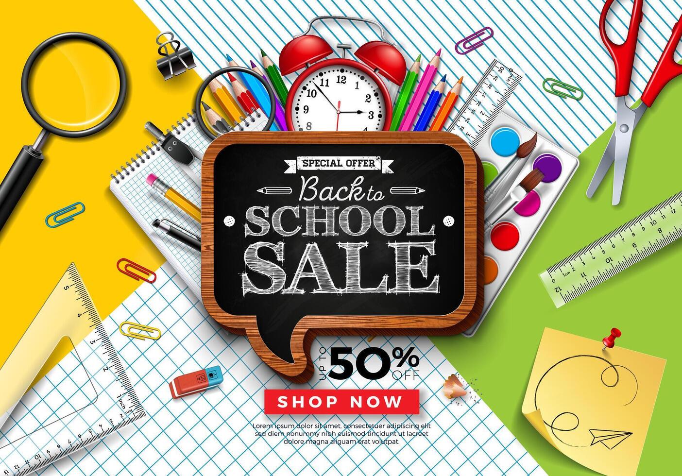 Back to School Sale Design with Colorful Pencil, Brush and other Learning Items on Square Grid and Line Background. Illustration with Special Offer Typography Elements for Coupon, Voucher vector