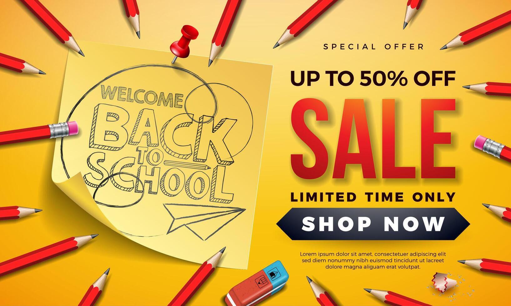 Back to School Sale Design with Graphite Pencil, Eraser and Sticky Notes on Yellow Background. Illustration with Special Offer Typography Elements for Coupon, Voucher, Banner, Flyer, Poster vector