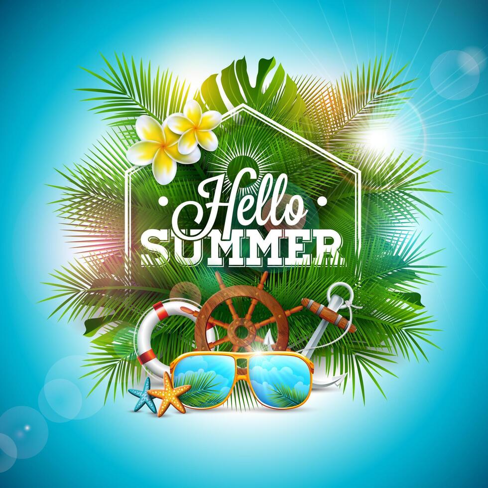 Hello Summer Illustration with Beach Holiday Elements, Flower and Tropical Palm Leaves on Ocean Blue Background. Vacation Design Template with with Typography Letter for Banner, Flyer vector