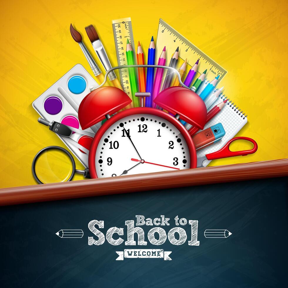 Back to school design with alarm clock, colorful pencil, magnifying glass, scissors, ruler and typography letter on yellow background. education concept illustration with chalkboard for vector