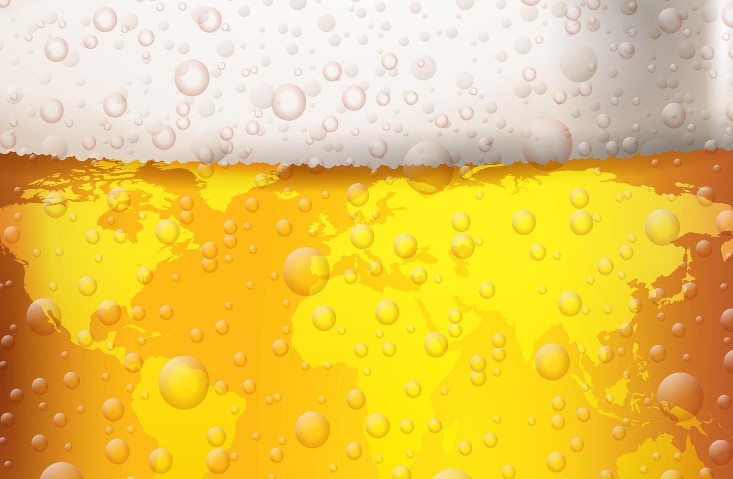 International Beer Day Design with World Map on Freshly Tapped Beer in the Mug Background. August 4 Cheers Celebration Holiday Illustration for Banner, Greeting Card, Flyer, Promotional Poster vector