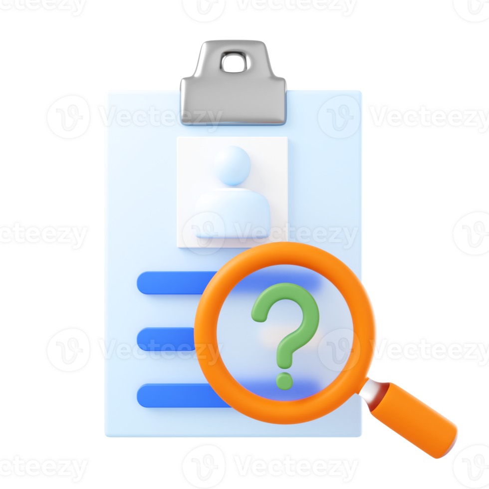 Selection of employees to suit the job within the organization, 3D illustration. Job application documents and magnifying glass icons png