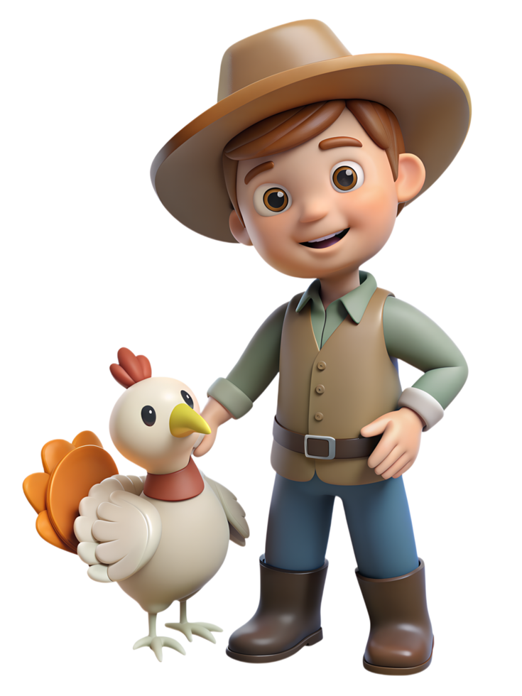 3D image of a cute little child western lineage Wear a cowboy style outfit and a cowboy hat. Petting a cute, chubby white turkey. On a transparent background png