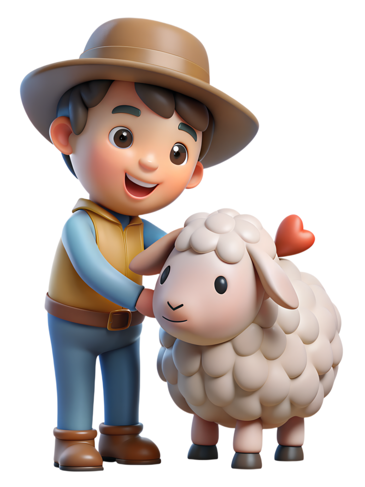 3D picture of a cute little boy of Western descent wearing a cowboy style outfit and a cowboy hat, holding a cute, chubby white sheep. On a transparent background png