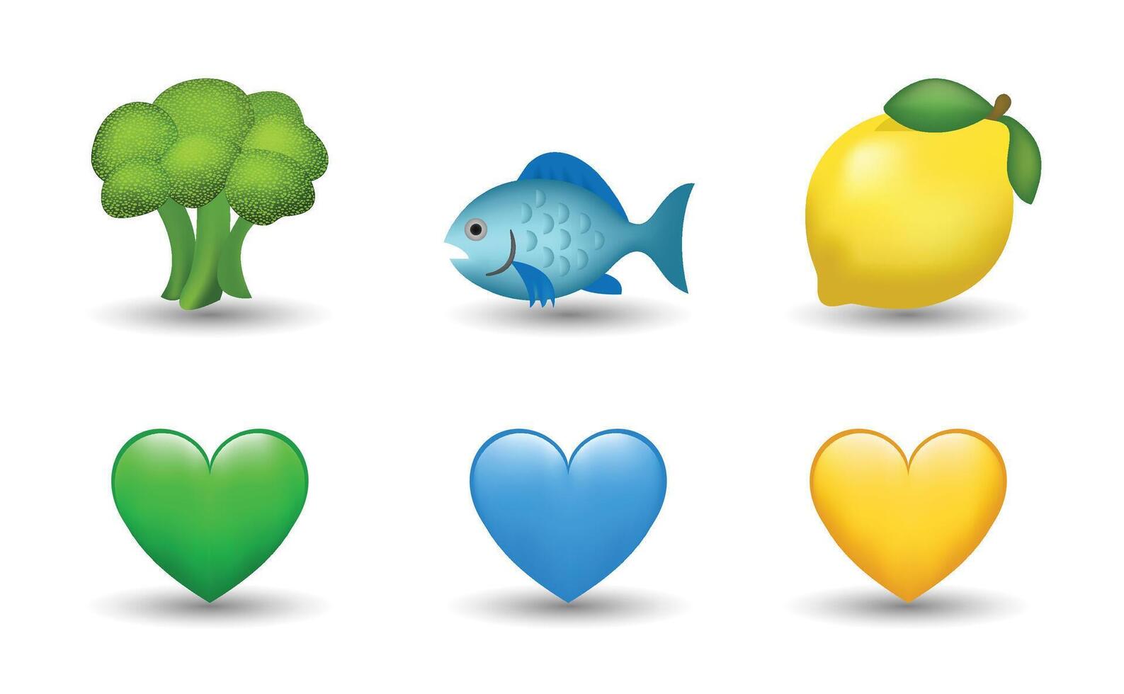 6 Emoticon isolated on White Background. Blue, yellow and green heart, blue fish, lemon, broccoli emoji Illustration. 3d Illustration set. vector