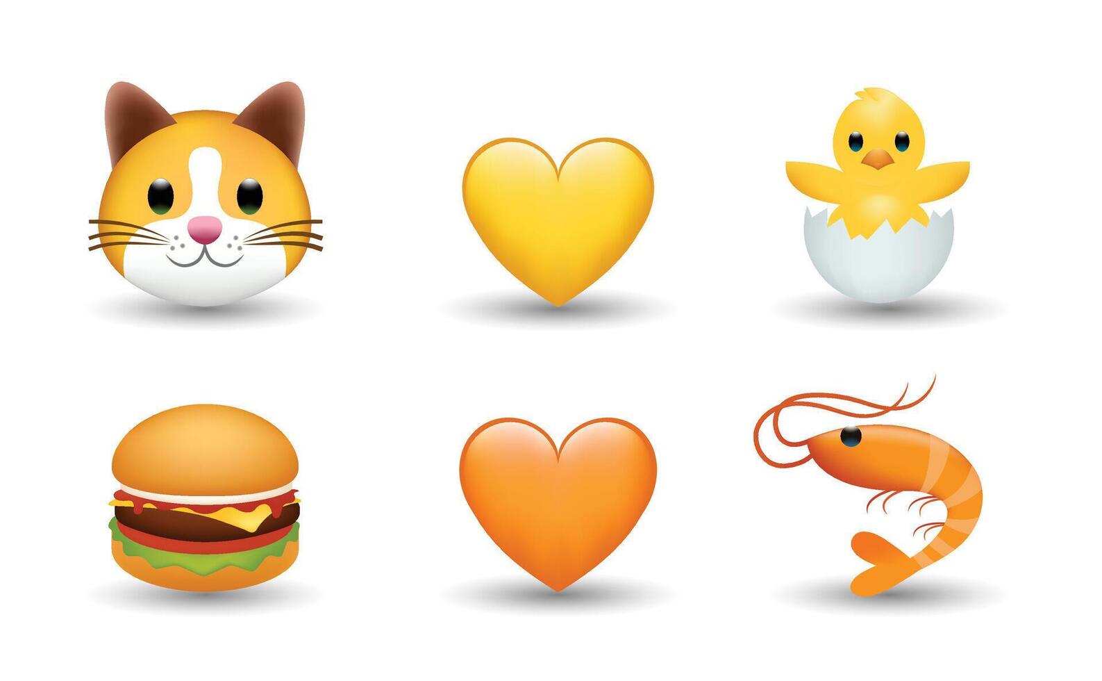 6 Emoticon isolated on White Background. Cat, hamburger, shrimp, yellow and orange heart, baby chicken with broken egg emoji Illustration. 3d Illustration set. vector