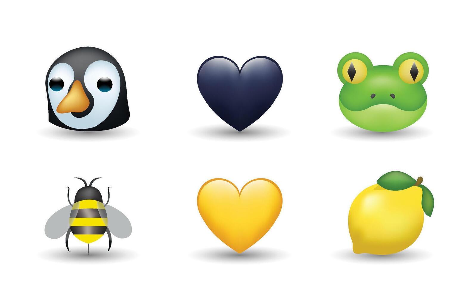 6 Emoticon isolated on White Background. Pigeon, frog, yellow and black heart, bee, lemon emoji illustration. 3d Illustration set. vector