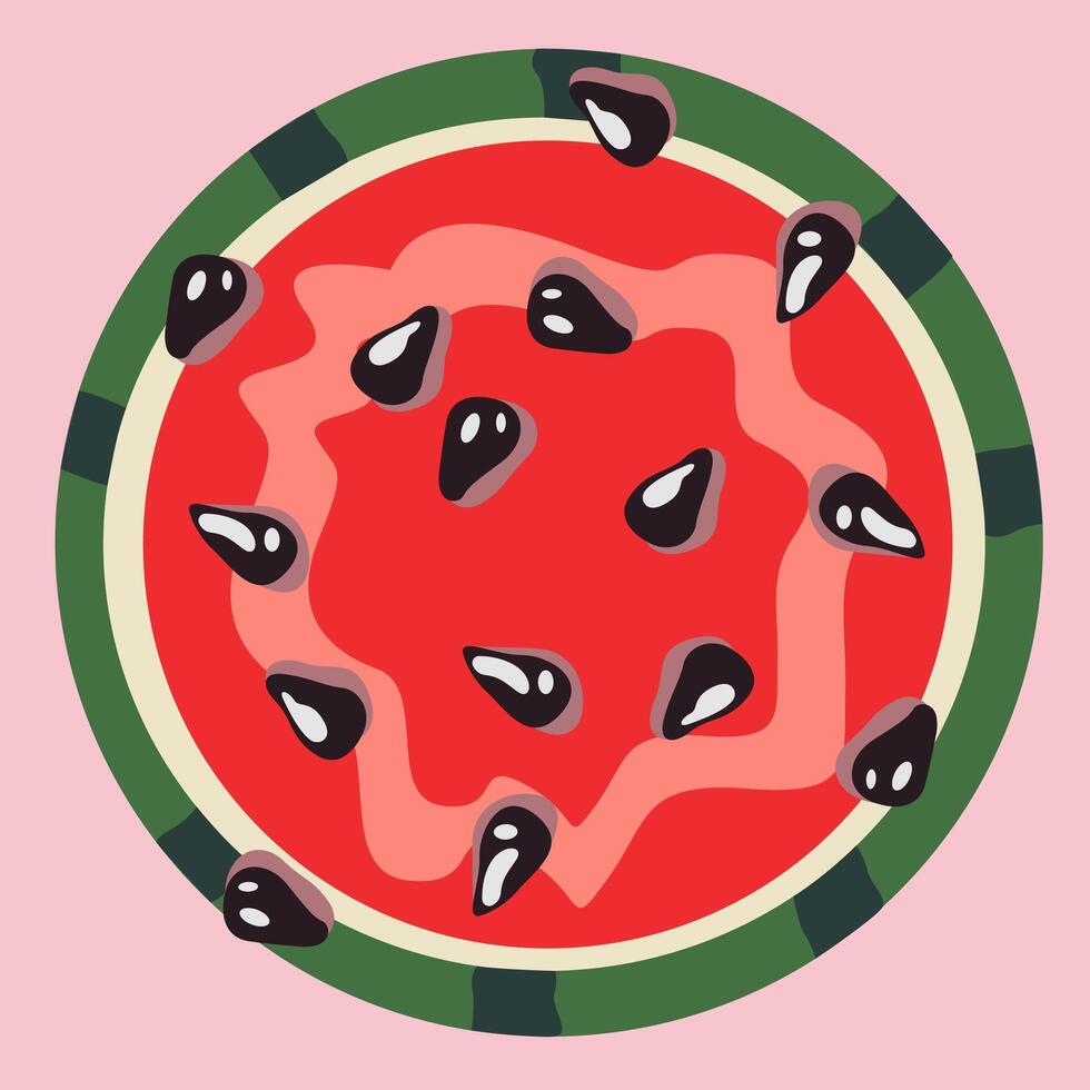World watermelon day. National watermelon day poster. Half of a juicy watermelon with black seeds on a pink background. Summer fruit vector