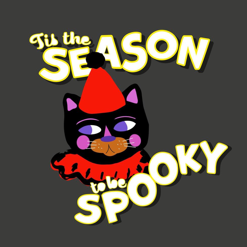 Happy Halloween illustrations. illustrations in flat style. Cartoon devil in different emotions, black cute cat in hat, ghosts with candy and silhouette of crow, skull and bat. Spooky art vector