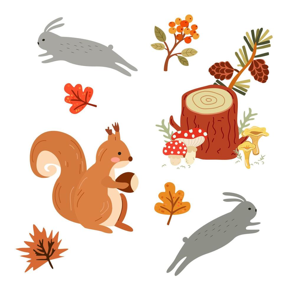 Hello Autumn illustration. Nature and wild forest animals . Autumn yellow leaves, sea buckthorn branch, wooden stump with cones, mushrooms, gray bunnies and red squirrel with acorn vector