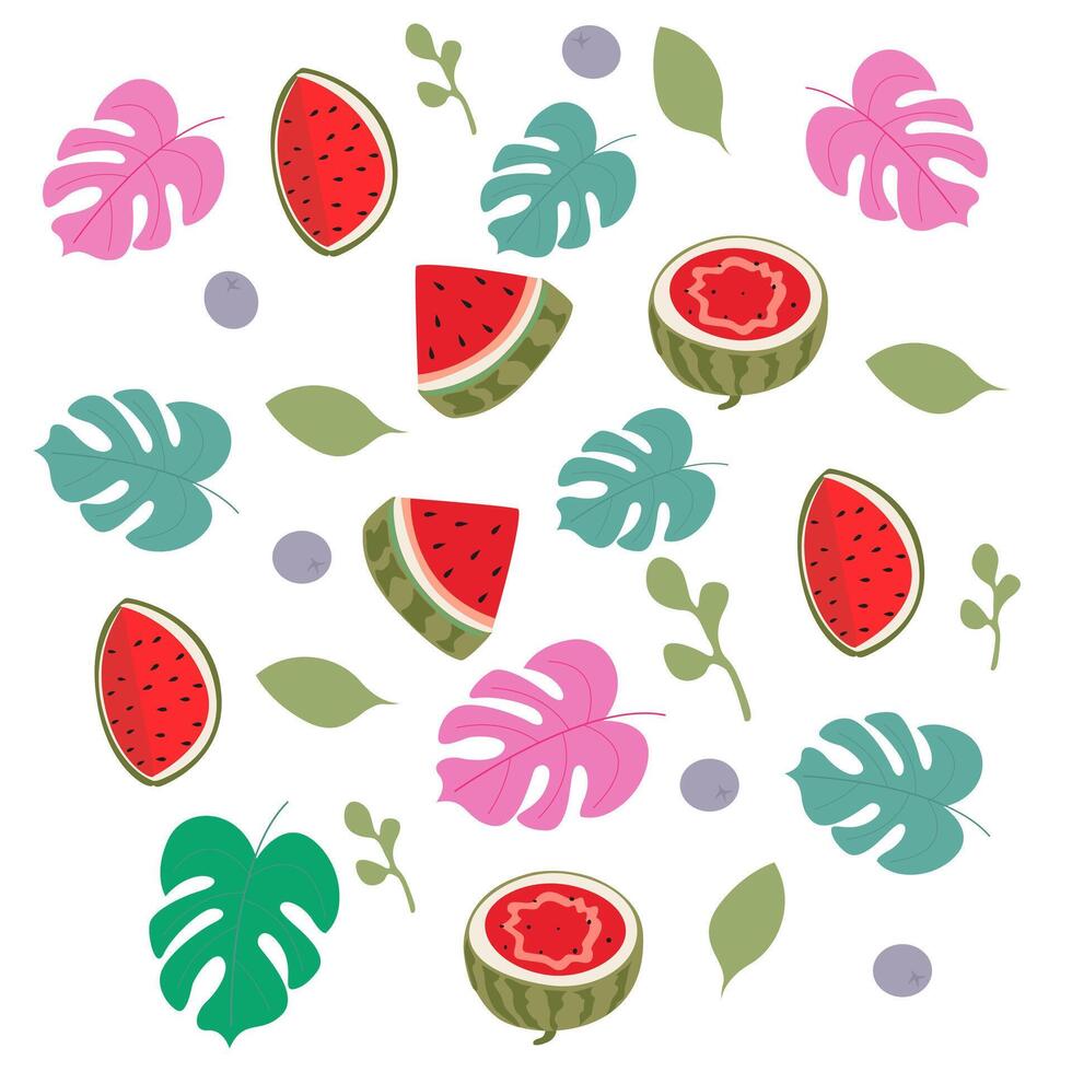 World watermelon day. Summer fruit and plants background. Juicy fresh green open watermelon half, slices and triangles. vector