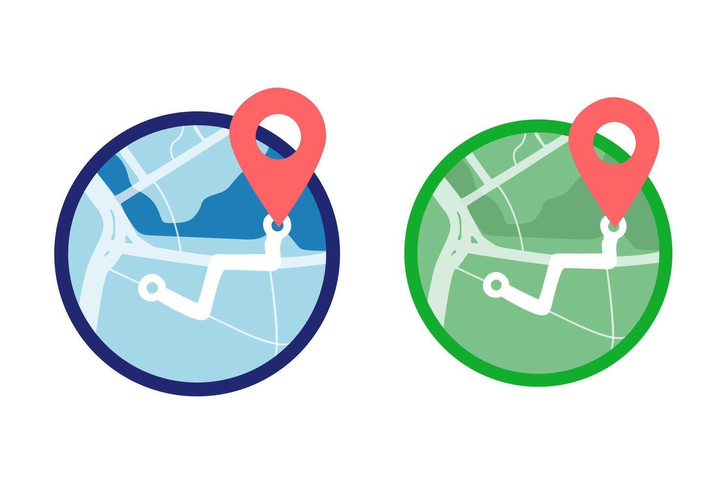 Navigation map. Red locator mark on map and location pin or GPS navigation icon sign. Country silhouette and red locator marks. Zoomed blue and green street map and red gps mark vector
