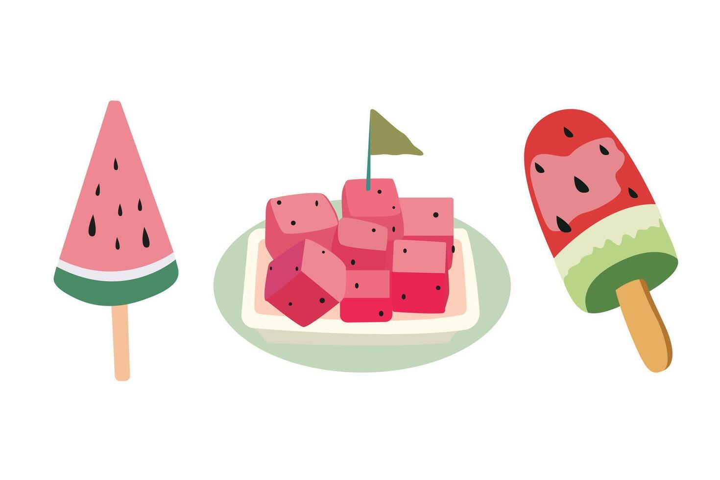 Summertime illustration. Watermelon day. flat summer exotic fruit. Icon set of juicy watermelon cut in half, diced, sliced, watermelon ice cream on a white background vector