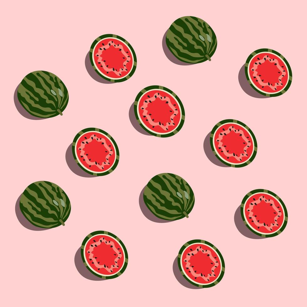 World watermelon day. Summer juicy fruit. Wallpaper with a ripe summer watermelon on a soft pink background. Watermelon whole and cut in half illustration vector