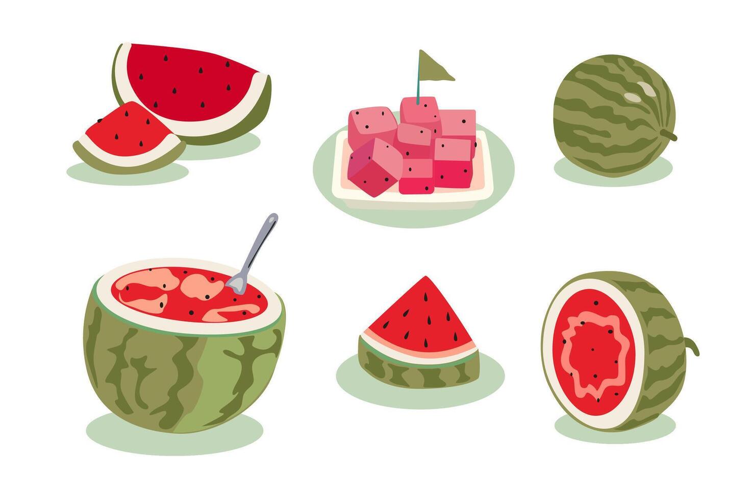 Summertime illustration. Watermelon day. flat summer exotic fruit. Icon set of juicy watermelon cut in half, diced, sliced, watermelon ice cream on a white background vector