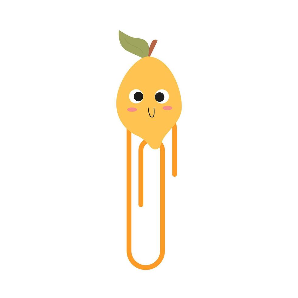 Hand drawn paper clips with lemon. Cute funny safety pins with vegetable mascot for kids. School supplies vector