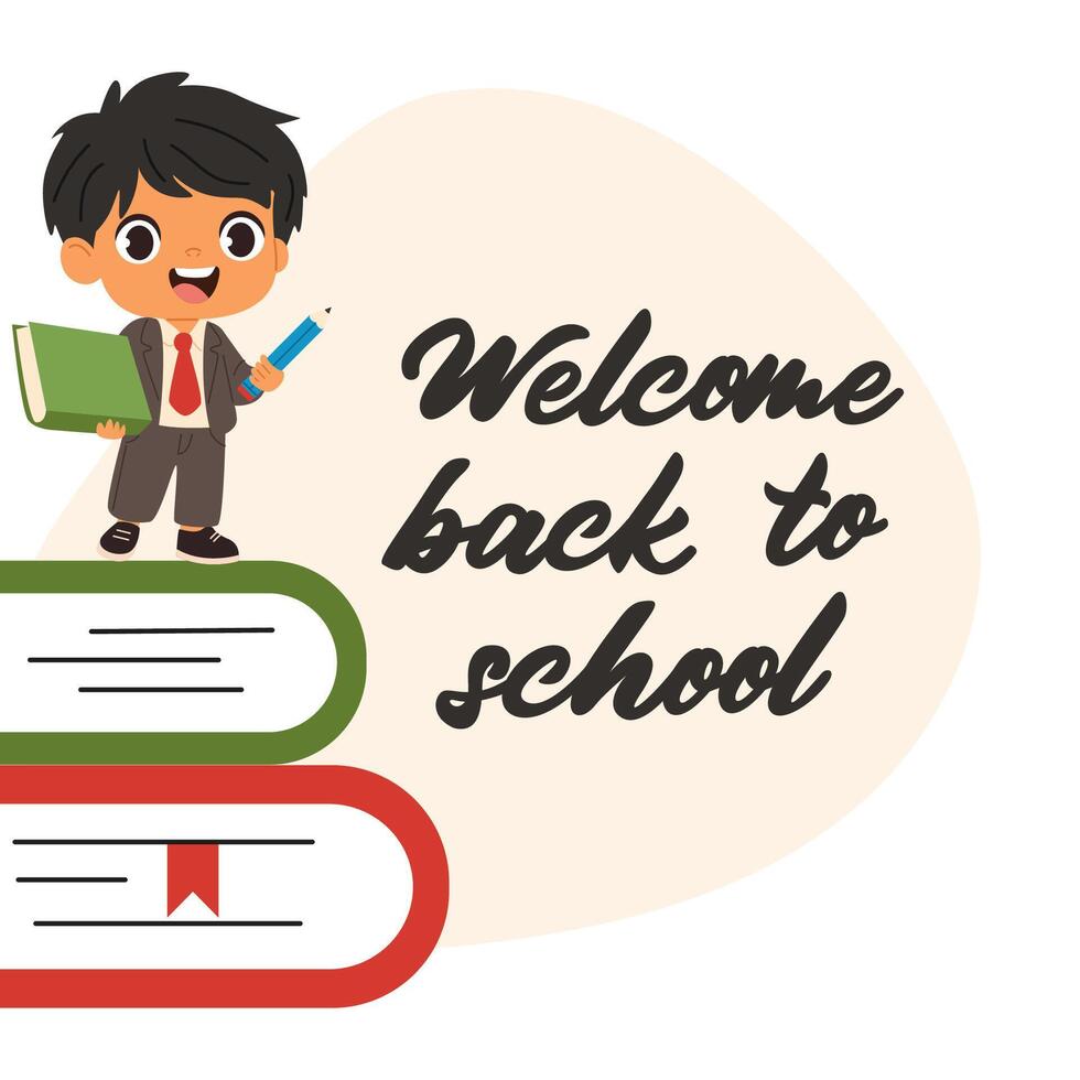 Cute smiling pupil boy standing on a stack of books with bokk and pencil. Preschool kid at school vector