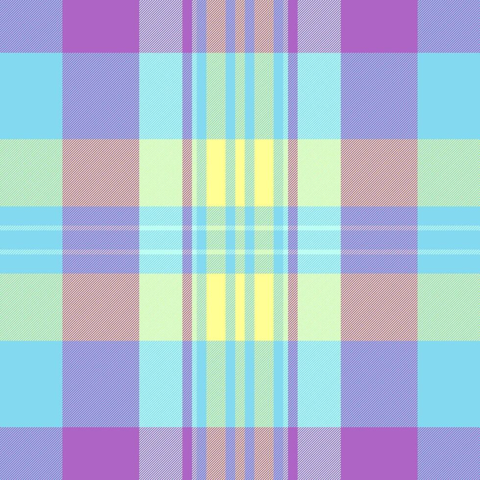 Sewing check plaid seamless, domestic textile pattern background. Summertime tartan texture fabric in cyan and purple colors. vector