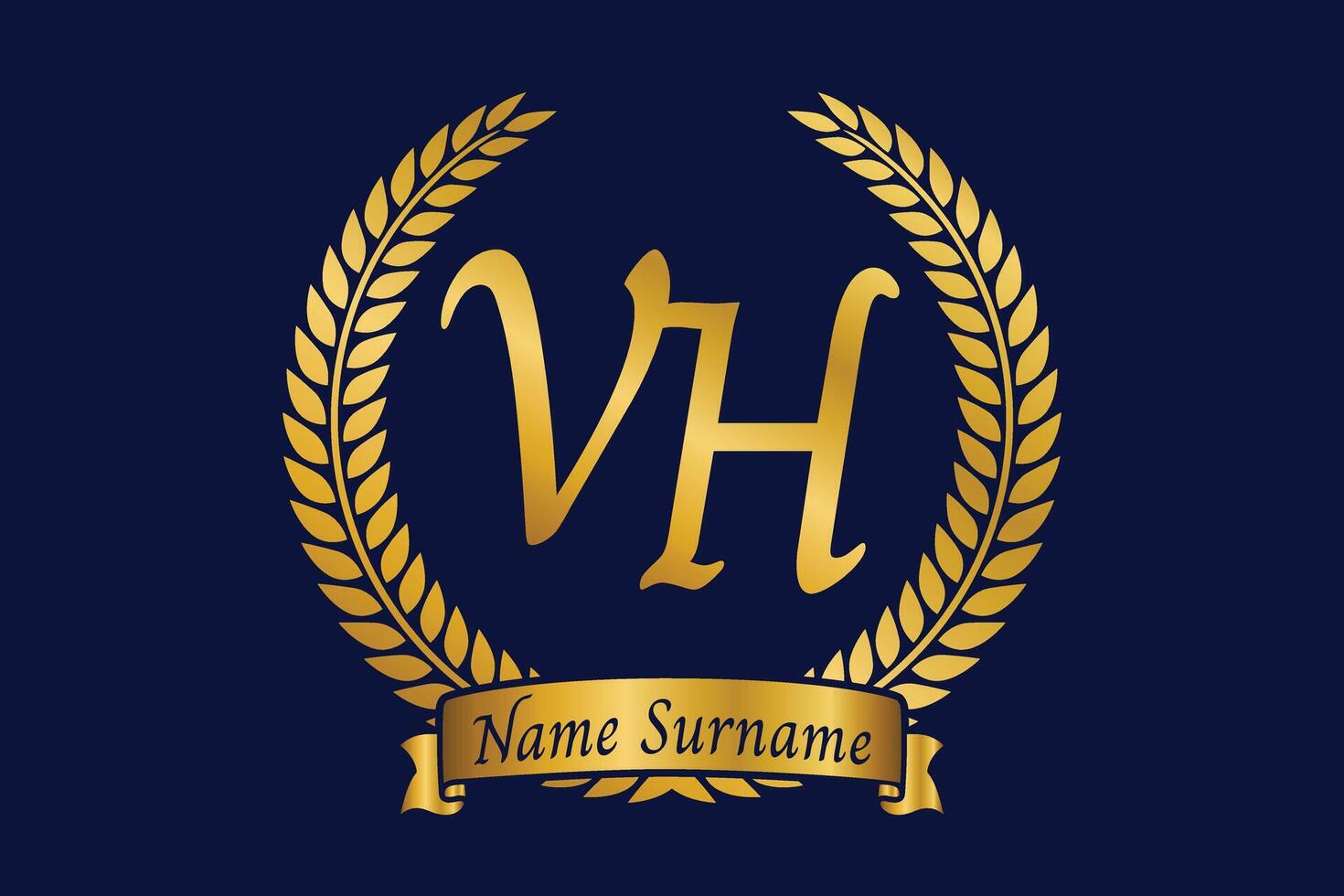 Initial letter V and H, VH monogram logo design with laurel wreath. Luxury golden calligraphy font. vector