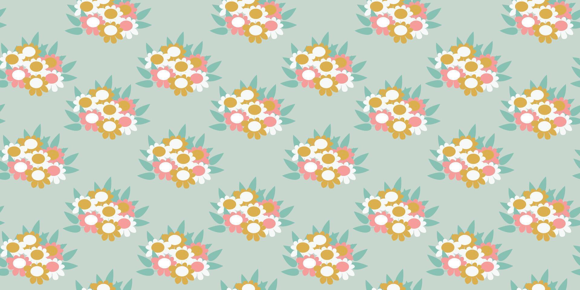 Floral design on Green background. Flat seamless pattern with Flower bouquet. Cartoon Template illustration for Fabric print, Textile, Spring Wrapping Paper, Cover, Wallpaper. vector