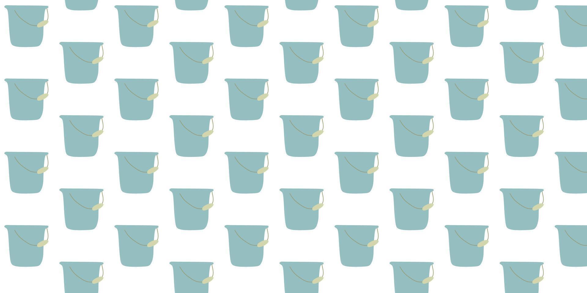 Flat Seamless pattern background of cleaning buckets. Blue white backdrop of watering Gardening tool. Spring clean chores elements in Cartoon style for print, Cover, Wrapping, Textile. vector