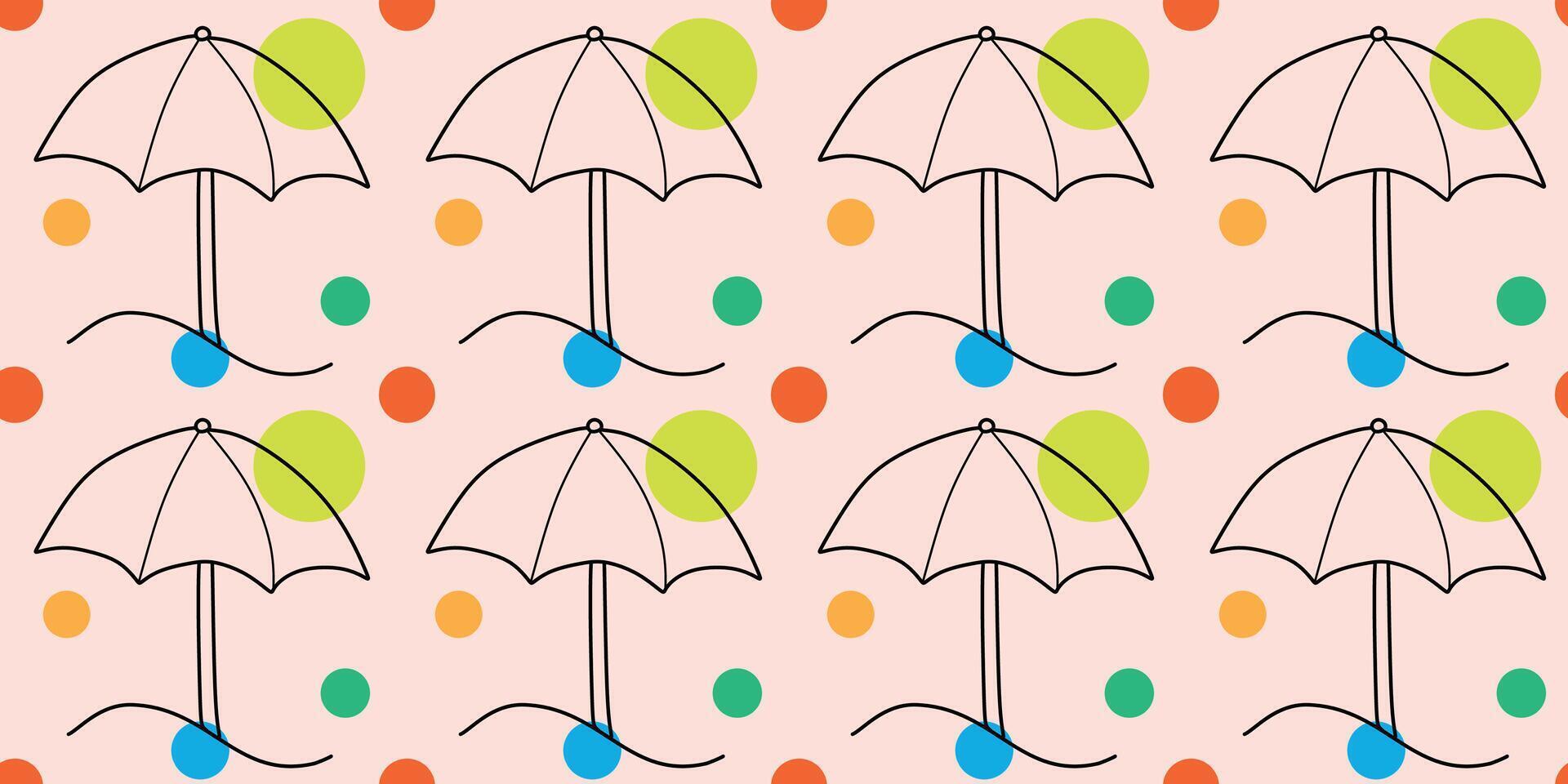 Linear Seamless Beach Umbrella pattern with Abstract color Shapes. Happy vacation time on the sea. Flat illustration Isolated on Pink background. Decorative Template, Summer season concept. vector