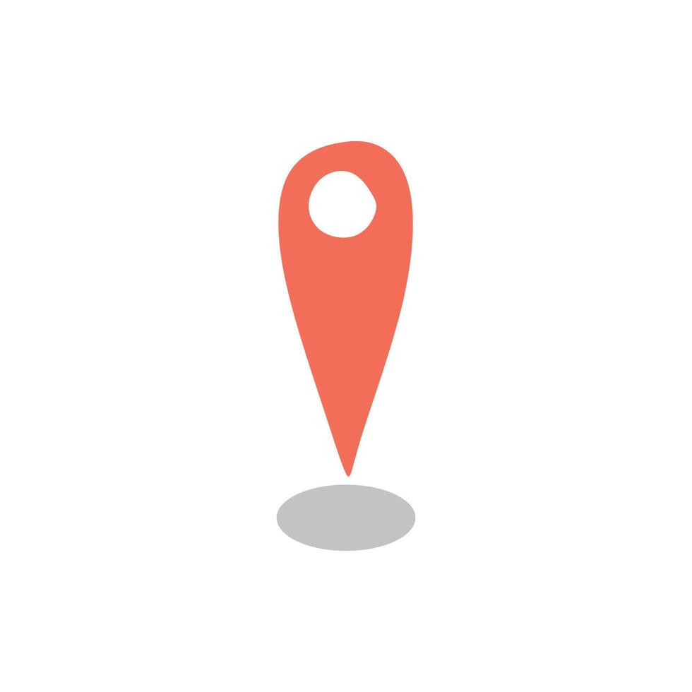 Red Pin point icon. Flat sign Map location pointer symbol isolated on white background. Cartoon Design Element with Shadow Under it. Navigation, Travel planning Graphic art for Web Button, Sticker. vector