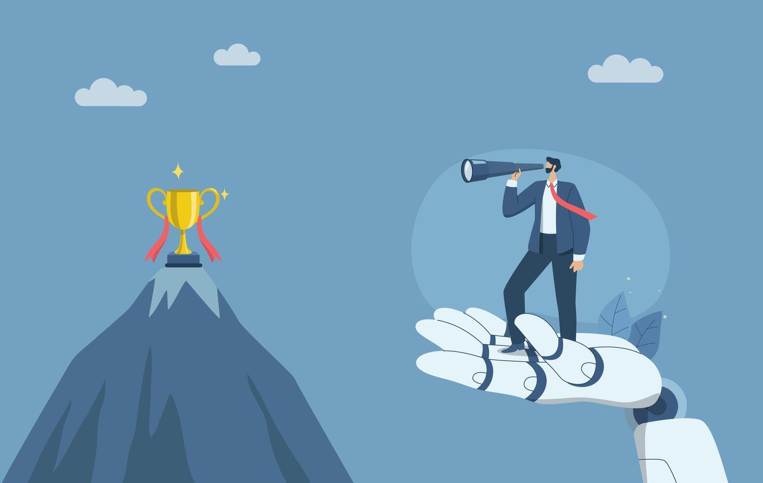 Business leader working with artificial intelligence, Developing company growth with the support of AI, Businessman standing with telescope on robot hand looking at trophy. illustration. vector