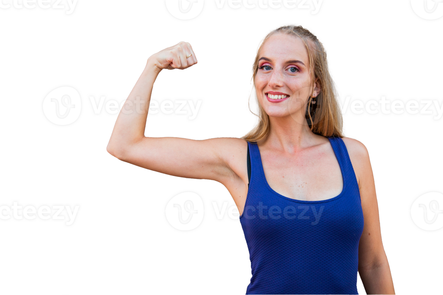 A young woman with her bicep raised, strength concept, subject on transparent background png