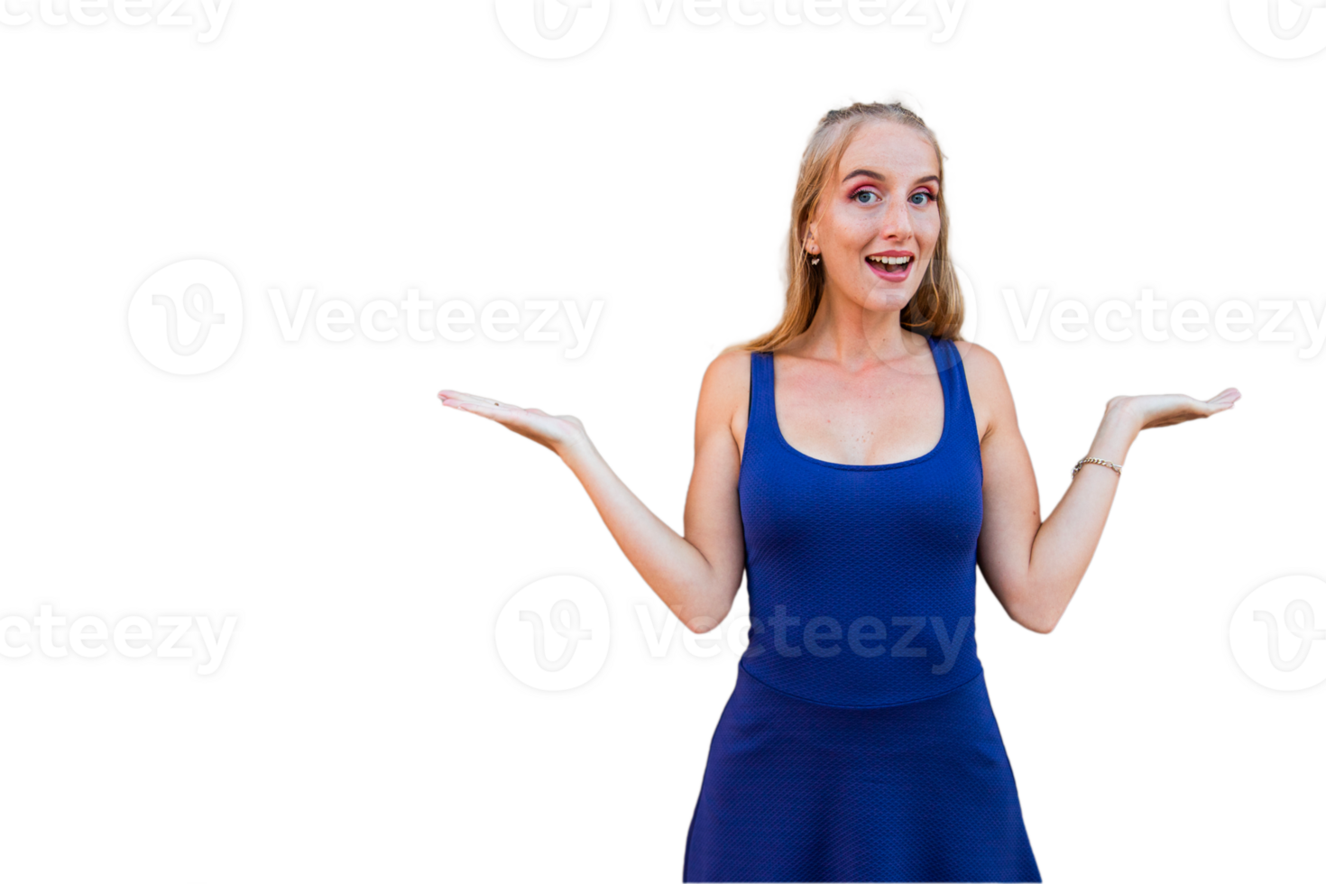 Attractive woman with surprised expression and raised arms, model isolated on transparent background png