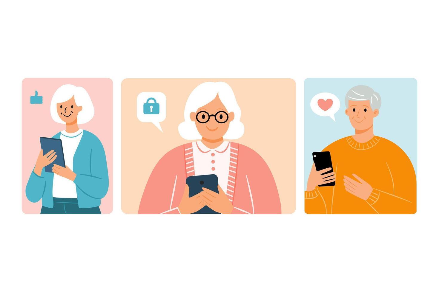 three different elderly images of people using smartphones vector