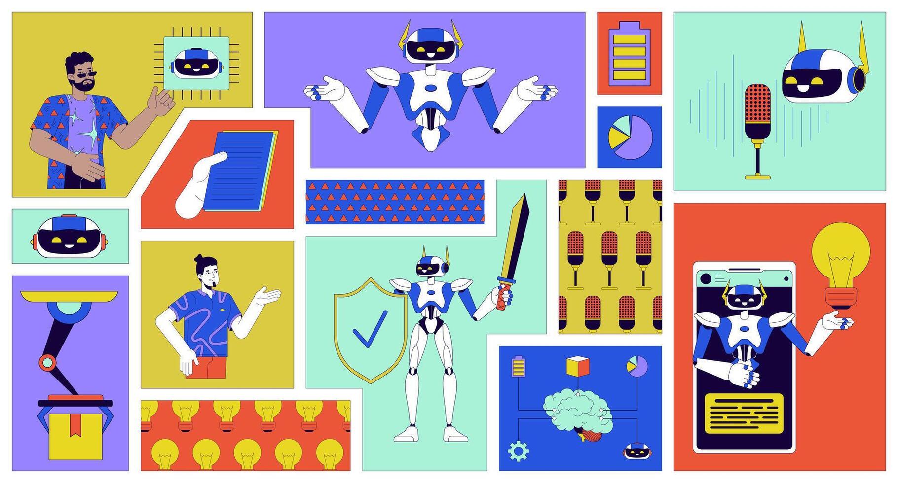 AI technologies bento grid illustration set. Intelligence artificial 2D image collage design graphics collection. Diverse engineers. Robotics android robots flat characters moodboard layout vector