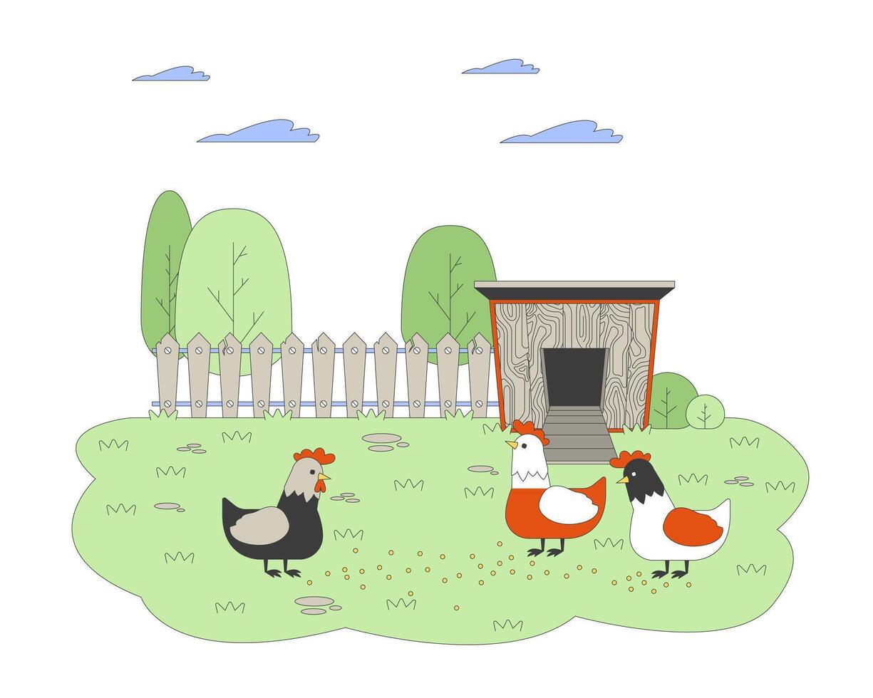 Chickens eating grains on farmyard cartoon flat illustration. Hens walking outdoors at organic farm 2D characters isolated on white background. Poultry husbandry scene color image vector