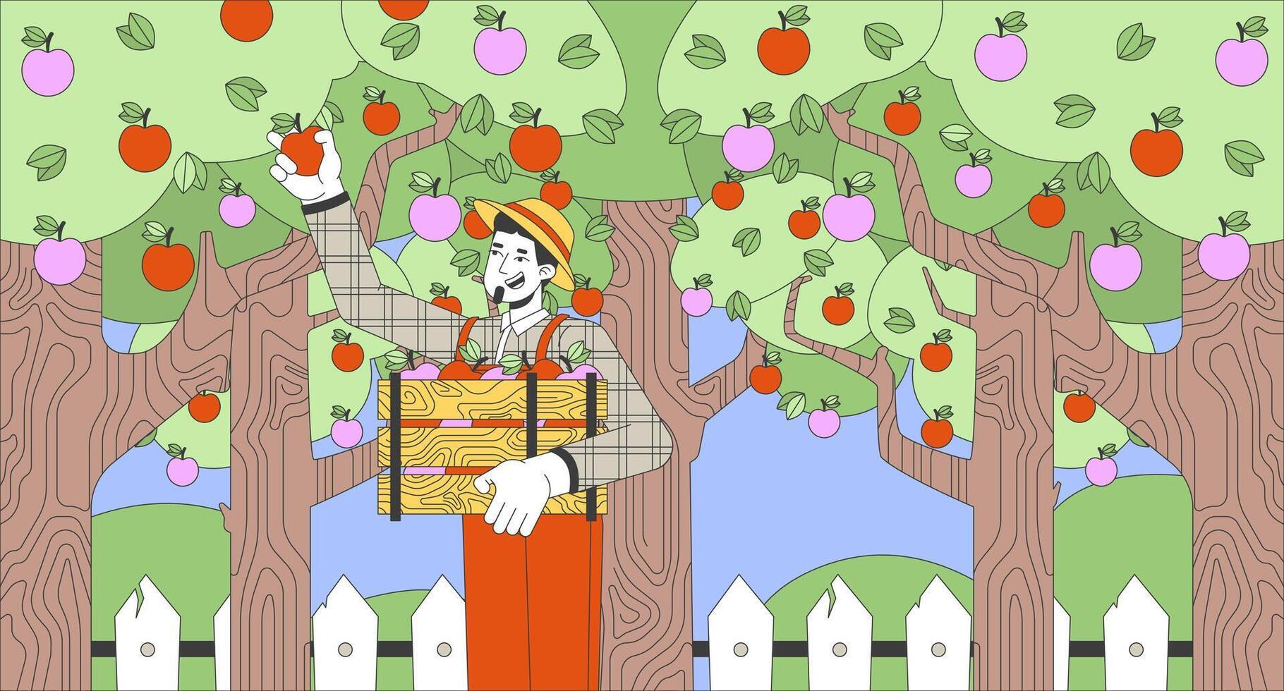 Happy european man picking apples in garden cartoon flat illustration. Caucasian male harvesting fruits 2D line character colorful background. Organic farming scene storytelling image vector
